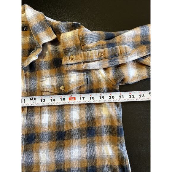 OBEY WORLDWIDE Flannel Shirt Women's Small Tan Blue Cropped Raw Hem Grunge Punk - Picture 10 of 12